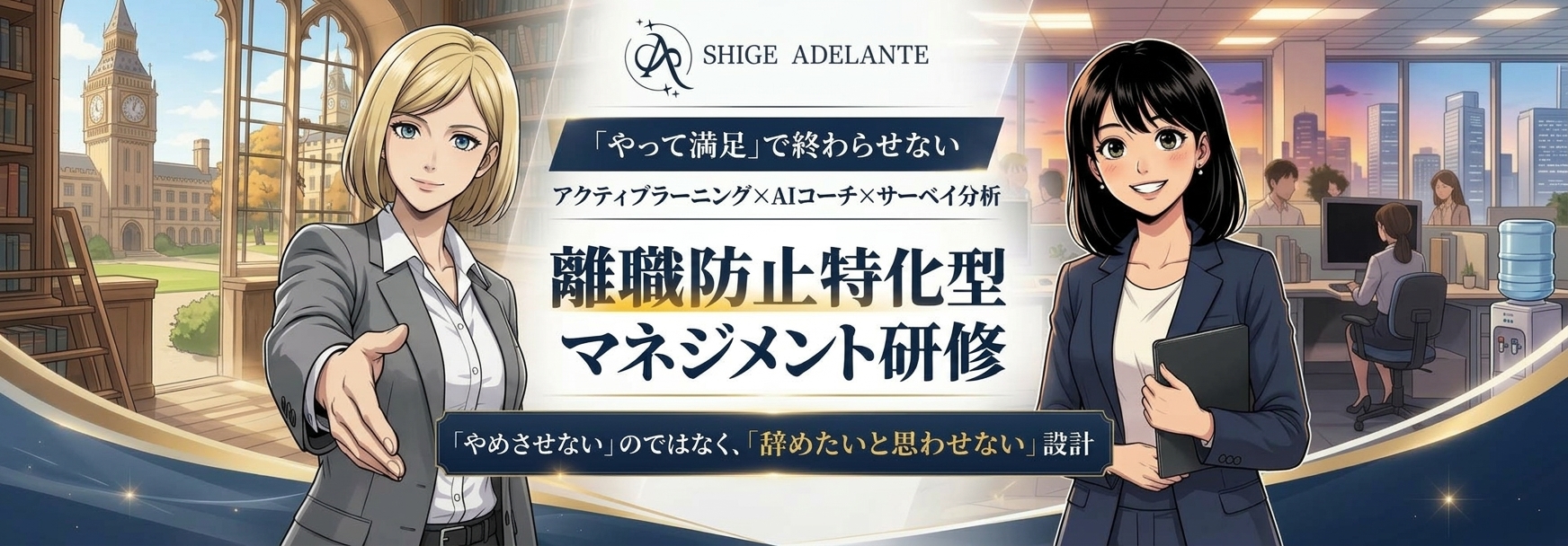 「やって満足」で終わらせない、アクティブラーニング×AIコーチ×サーベイ分析の離職防止特化型マネジメント研修。「辞めさせない」のではなく「辞めたいと思わせない」設計。