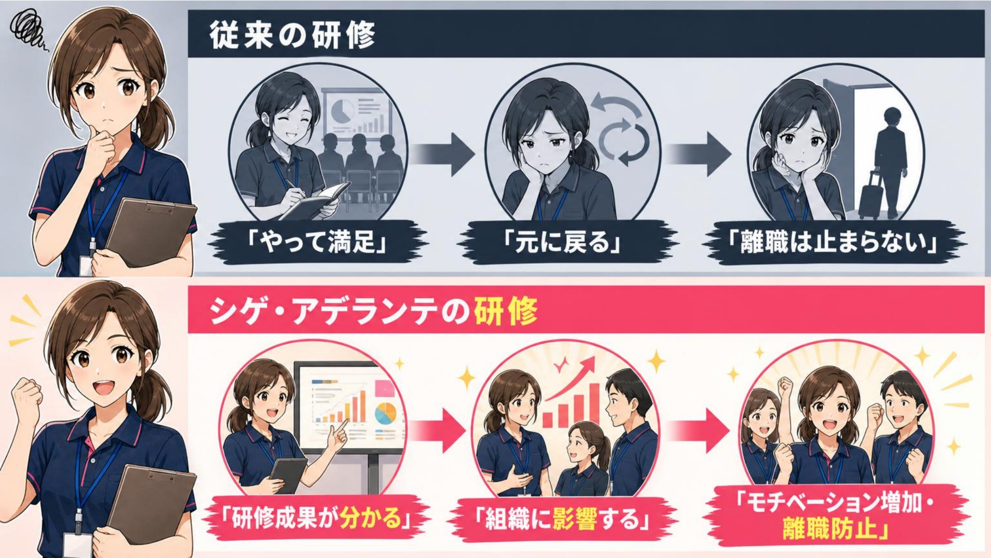 従来の研修は「やって満足」→「元に戻る」→「離職は止まらない」。シゲ・アデランテの研修は「研修成果が分かる」→「組織に影響する」→「モチベーション増加・離職防止」。