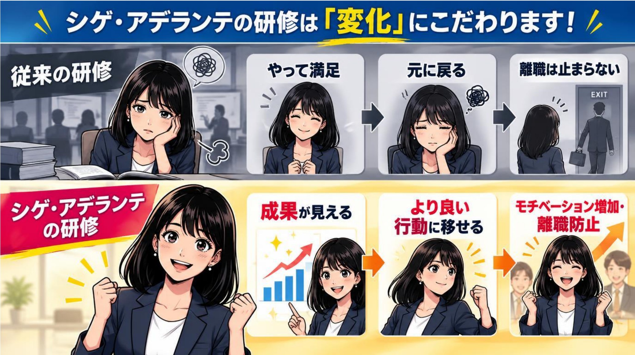 シゲ・アデランテの研修は「変化」にこだわります。従来の研修は「やって満足」→「元に戻る」→「離職は止まらない」。シゲ・アデランテの研修は「成果が見える」→「より良い行動に移せる」→「モチベーション増加・離職防止」。