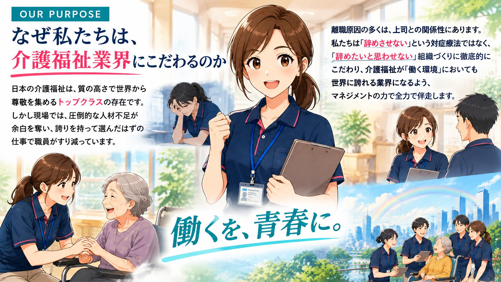 なぜ私たちは、介護福祉業界にこだわるのか。働くを、青春に。日本の介護福祉は、質の高さで世界から尊敬を集めるトップクラスの存在です。しかし現場では、圧倒的な人材不足が余白を奪い、誇りを持って選んだはずの仕事で職員がすり減っています。離職原因の多くは上司との関係性にあります。私たちは「辞めさせない」という対症療法ではなく、「辞めたいと思わせない」組織づくりに徹底的にこだわり、介護福祉が「働く環境」においても世界に誇れる業界になるよう、マネジメントの力で全力で伴走します。